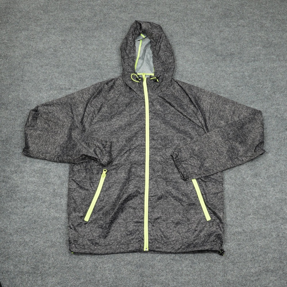 American Eagle Windbreaker Mens Medium Gray Neon Yellow Zip Hooded Activewear